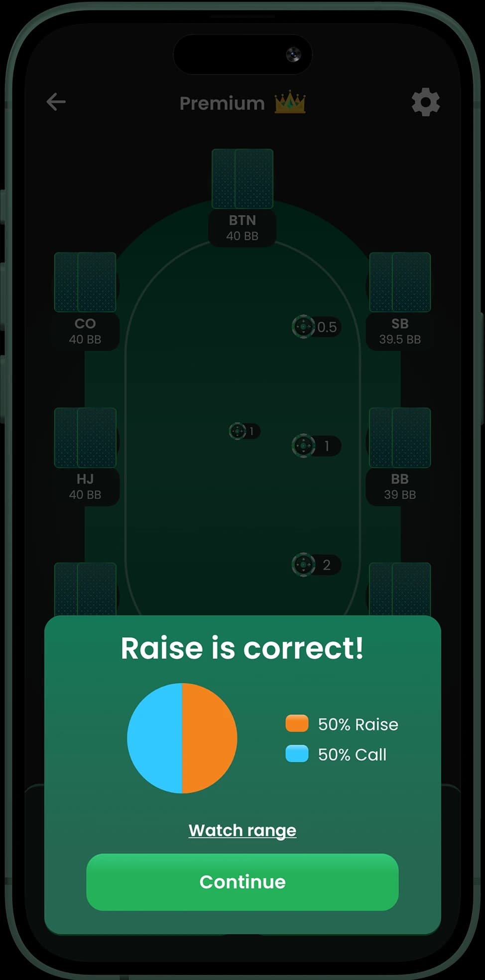 Poker training app with instant feedback on preflop strategy and GTO ranges