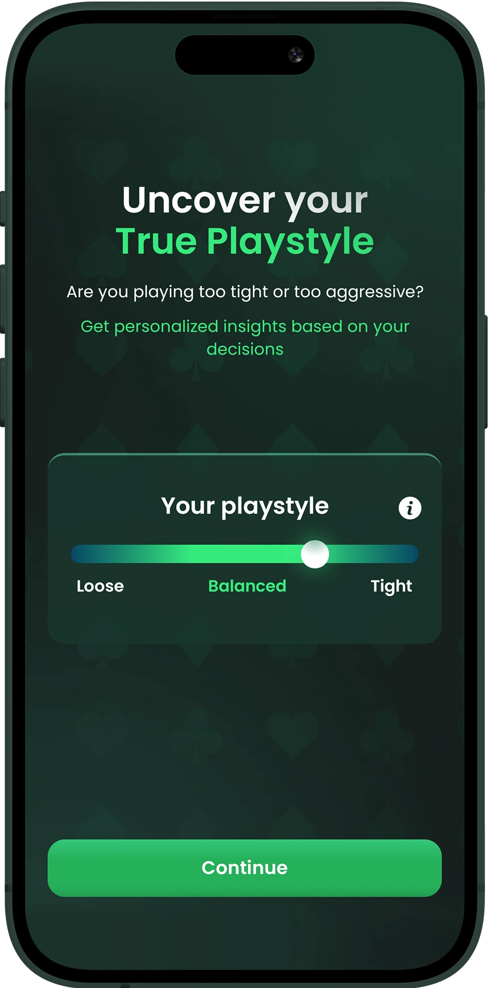 Poker training app displaying playstyle stats and preflop charts